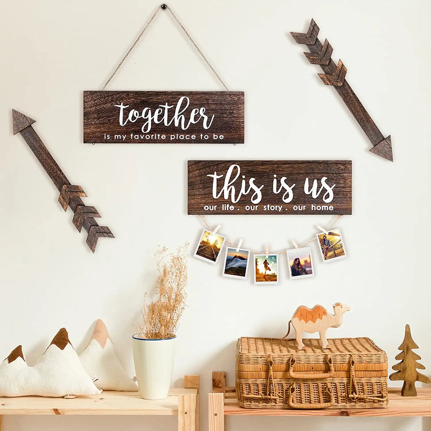 4Pcs Farmhouse Rustic Wall Decor Signs, This Is Us Wooden Wall Art Sign, Together Hanging Wooden Sign and 2Pcs Wood Arrow Signs for Housewarming Gift Home Decor Living Room Bedroom Wall Decor