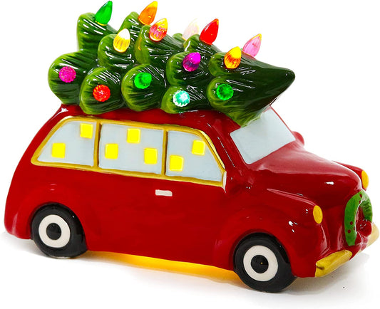 Ceramic Christmas Tree and Vintage Car Christmas Tabletop Decoration Nostalgic Lighted Ceramic Christmas Tree in Red Car for Indoor Holiday Decoration