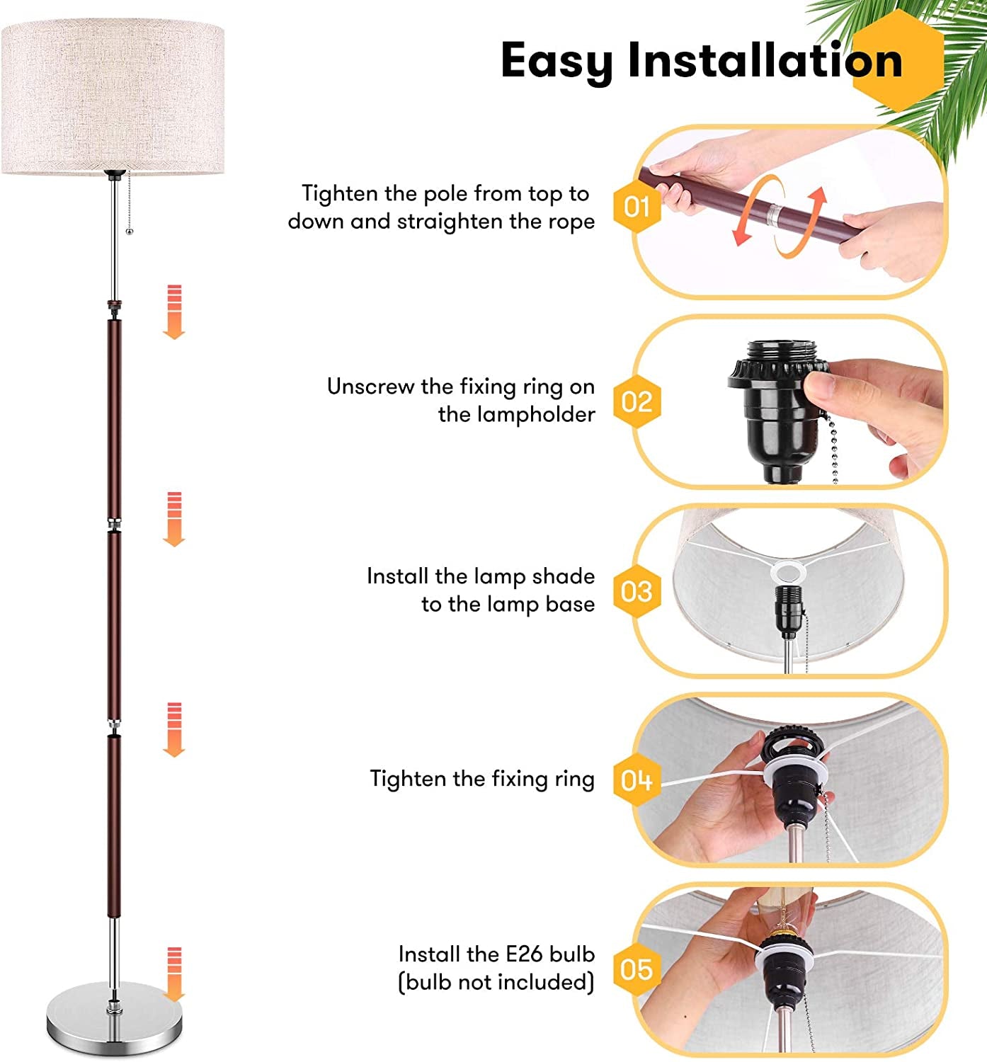 Modern Floor Lamp for Bedroom - Stand up Reading Lamps for Living Room, Contemporary Office Lighting with Beige Drum Fabric Shade, Farmhouse Pole Lamp, Corner Tall Standing Lamp Kids-Pull Chain