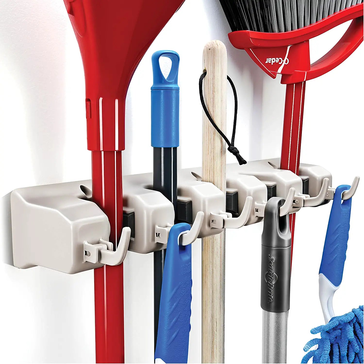 It Mop and Broom Holder, 5 Position with 6 Hooks Garage Storage Holds up to 11 Tools, Storage Solutions for Broom Holders, Garage Storage Systems Broom Organizer for Garage Shelving Ideas