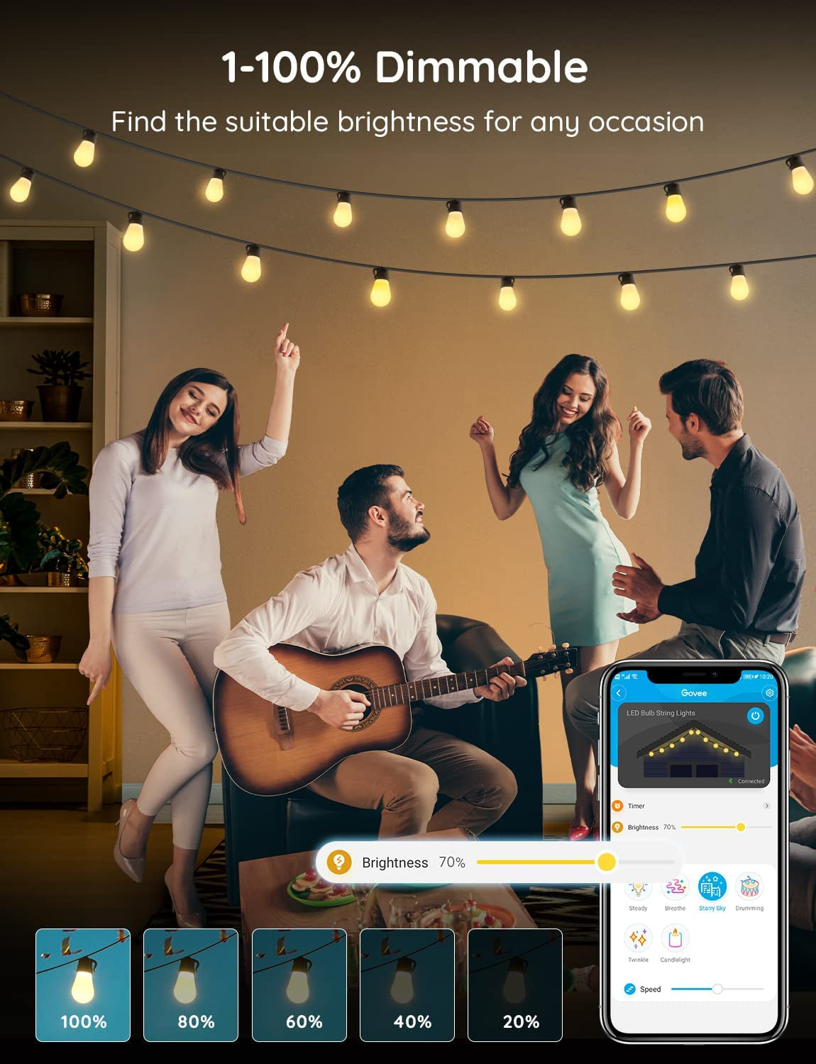 Smart Outdoor String Lights, 96Ft App Control Lights with 6 Scene Modes, IP65 Waterproof Shatterproof Patio Lights with 30 Dimmable Warm White LED Bulbs for for Balcony, Backyard, Party