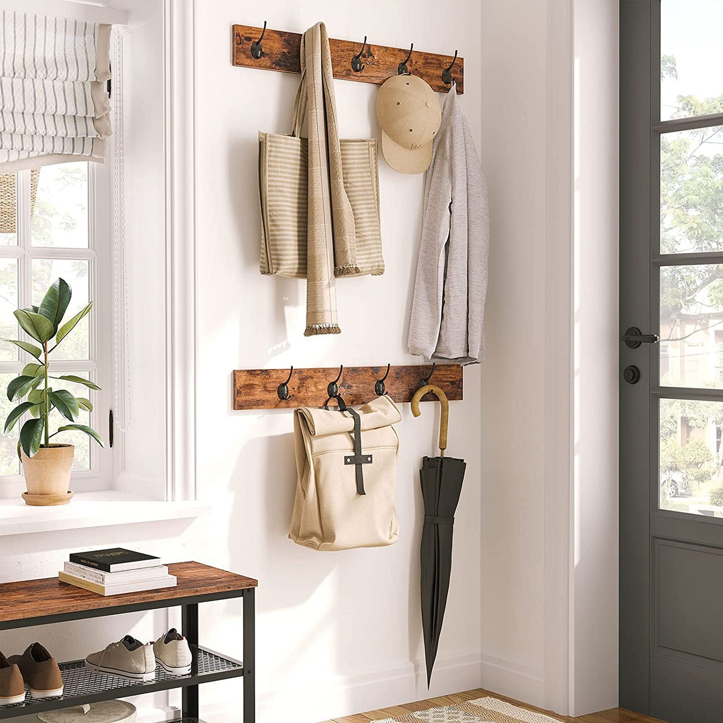 Coat Rack Shoe Bench, Hall Tree Entryway Storage Bench, Shoe Rack Organizer with Coat Hooks, 3-In-1 Design, Wood Furniture with Metal Frame, Rustic Brown and Black BF17MT01