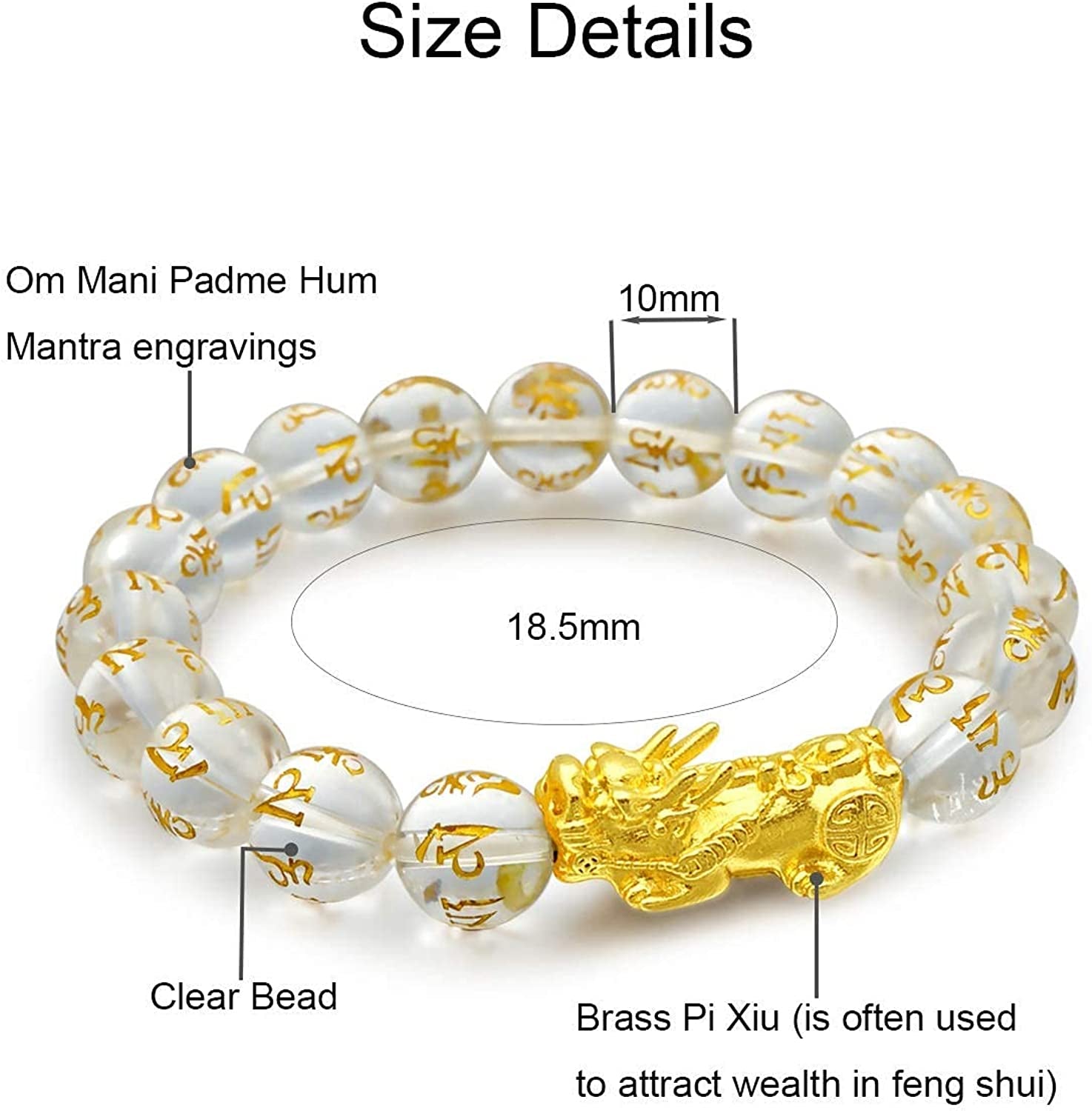 10Mm Multi-Colored Crystal Bead Lucky Bracelets Feng Shui Black Obsidian Wealth Bracelet Pixiu Black Mantra Bead Protection Bracelet for Women (4.Clear)