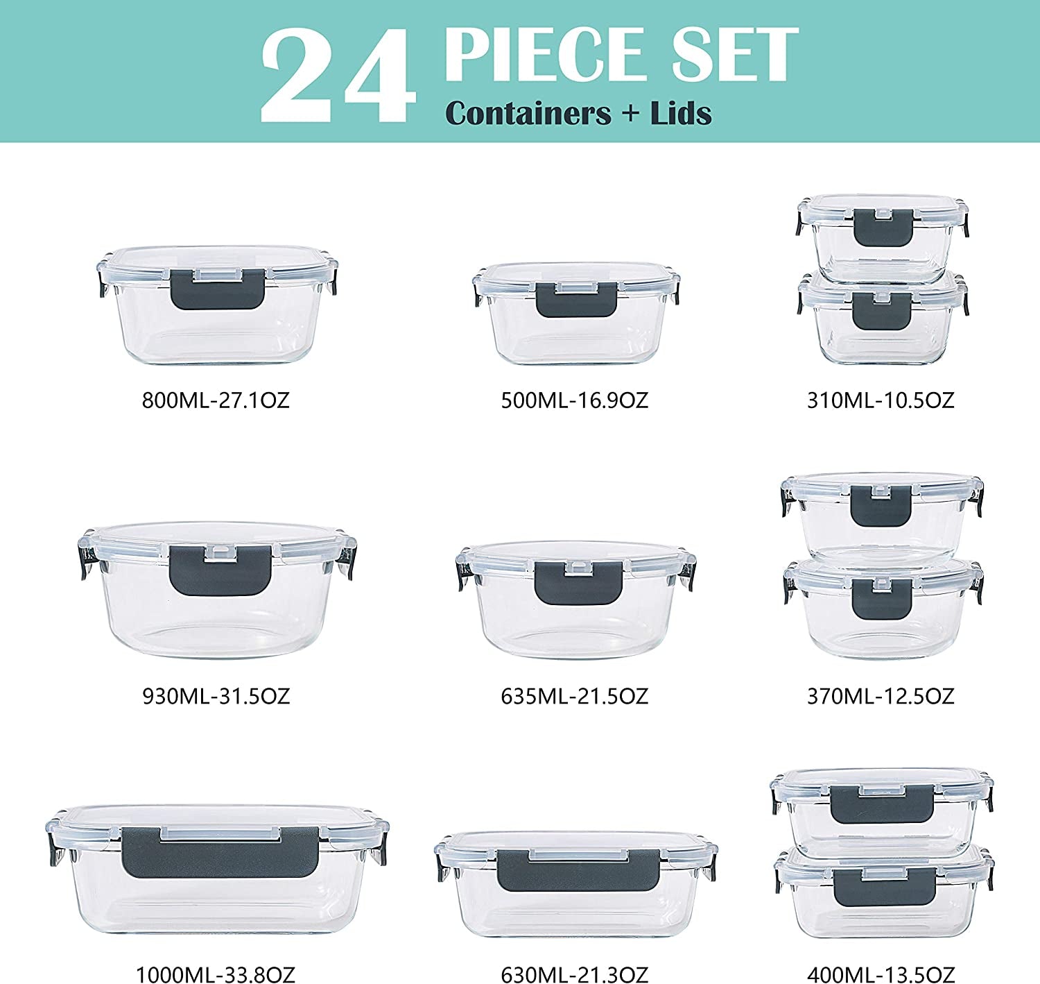 24-Piece Glass Food Storage Containers Set with Lids - Airtight Leak Proof Glass Meal Prep Containers, BPA Free Bento Lunch Boxes, Freezer/Oven/Dishwasher Safe(12 Lids & 12 Containers)