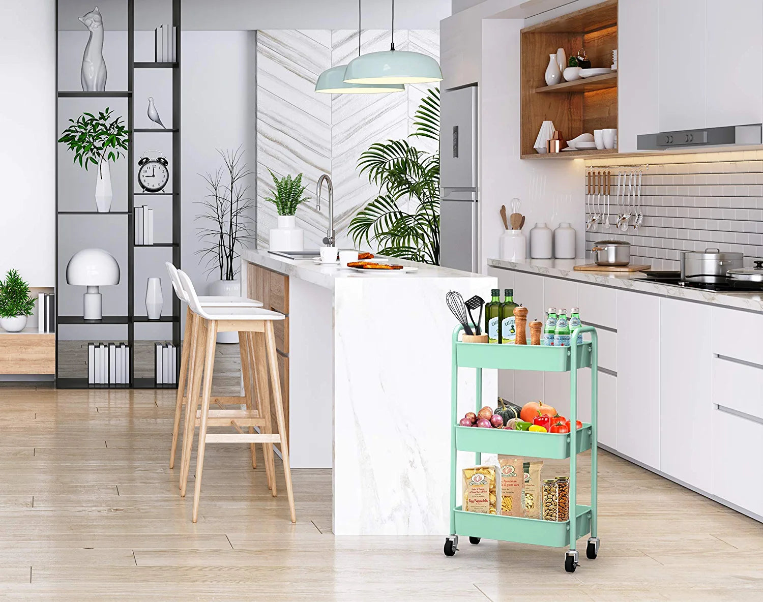 3-Tier Rolling Metal Storage Organizer - Mobile Utility Cart, Kitchen Cart with Caster Wheels (Aqua Green)