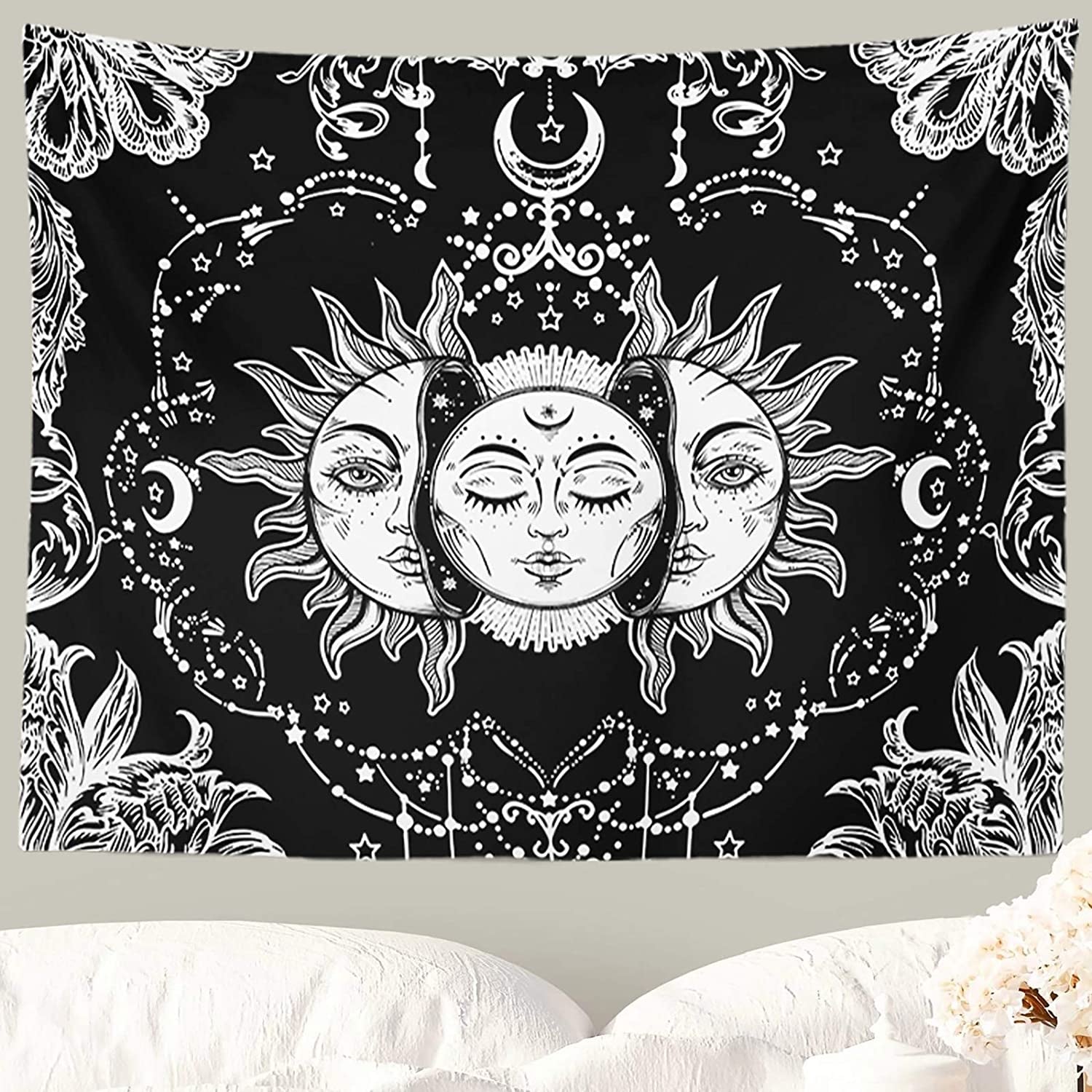 Sun and Moon Tapestry, Black and White Tapestries Mystic Burning Sun with Star Wall Hanging Decor for Bedroom (59" W X 51" L)
