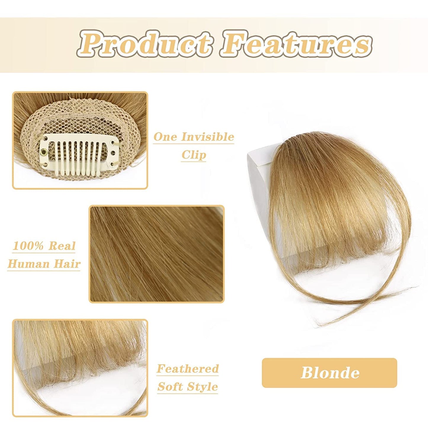 Clip in Bangs for Women 100% Human Hair Extensions Wispy Bangs Fringe with Temples Hairpieces Air Bangs Flat Bangs Clip Curved Bangs for Daily Wear (Blonde)