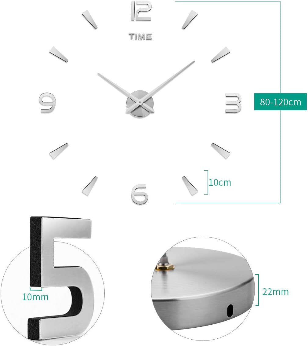 3D DIY Wall Clock Decor Sticker Mirror Frameless Large DIY Wall Clock Kit for Home Living Room Bedroom Office Decoration (Gold)
