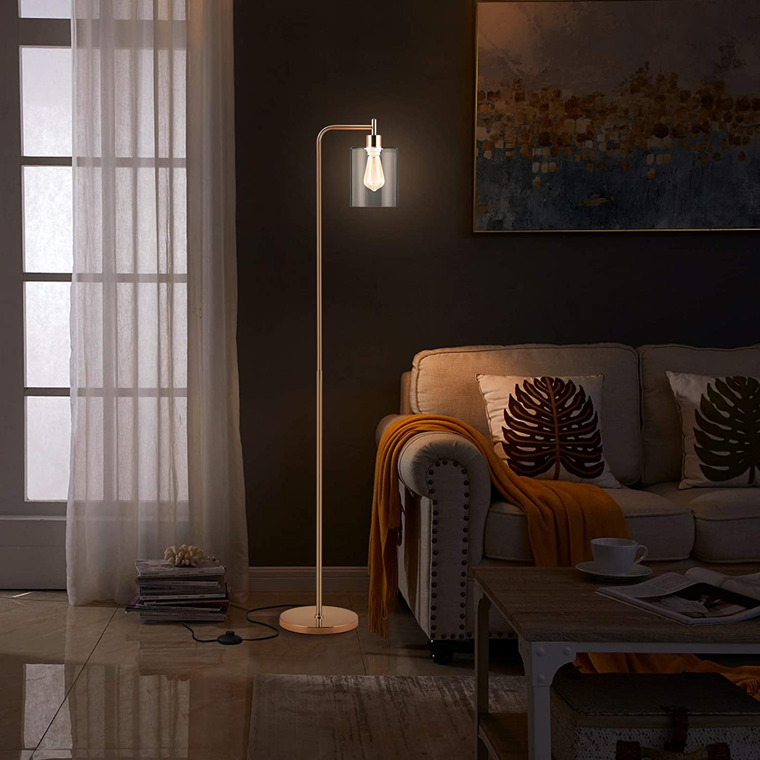 Gold Tall LED Floor Lamp Included Bulb, Modern Standing Lamp with Hanging Glass Shade, Farmhouse Indoor Simple Floor Lamp, Industrial Pole Light for Living Room, Bedroom, Office, Home Decor