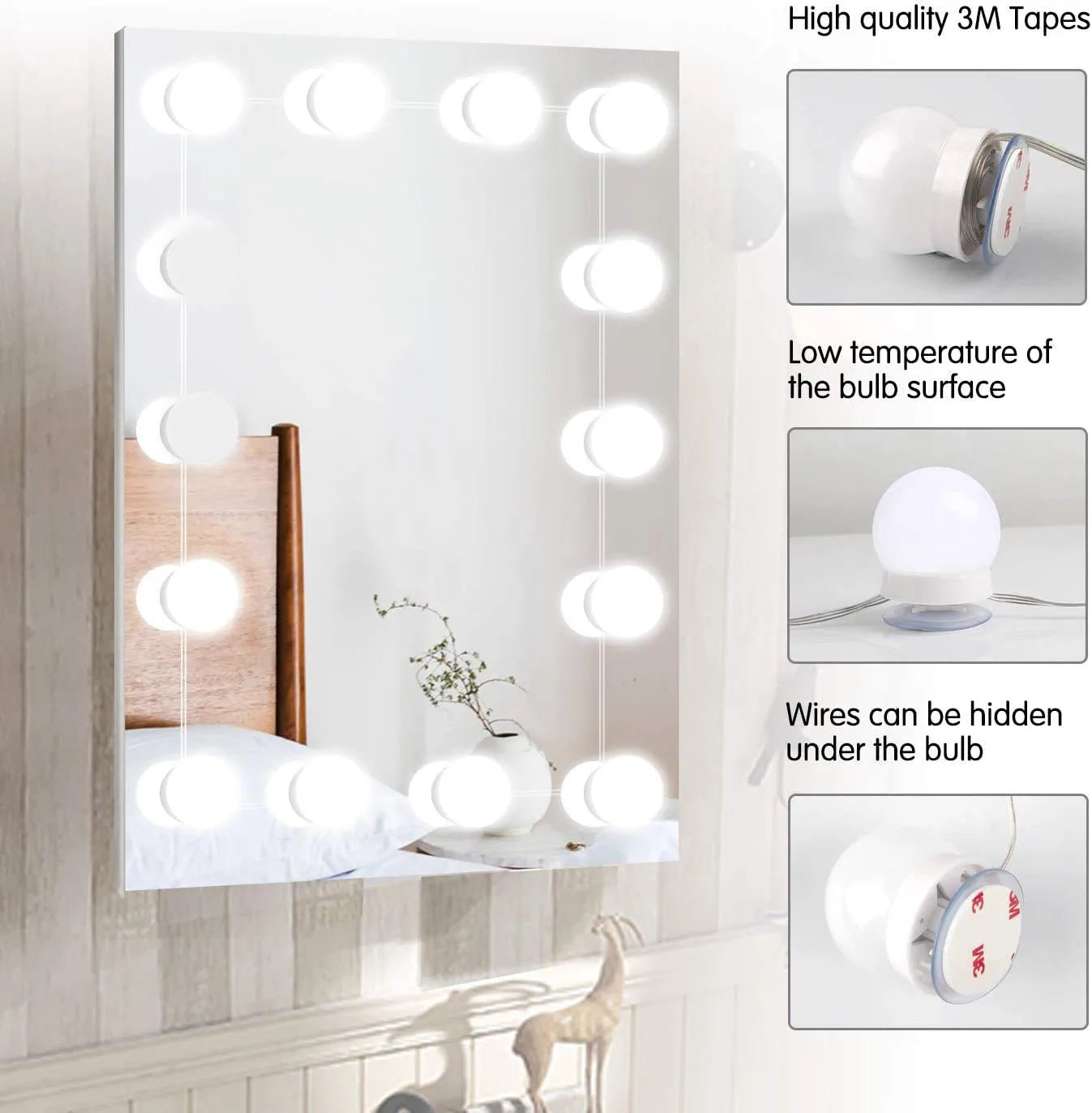 Hollywood Led Vanity Lights Strip Kit, with 14 Dimmable Light Bulbs for Full Body Length Mirror and Bathroom Wall Mirror, Plug in Mirror Lights with Power Supply, White (No Mirror Included)