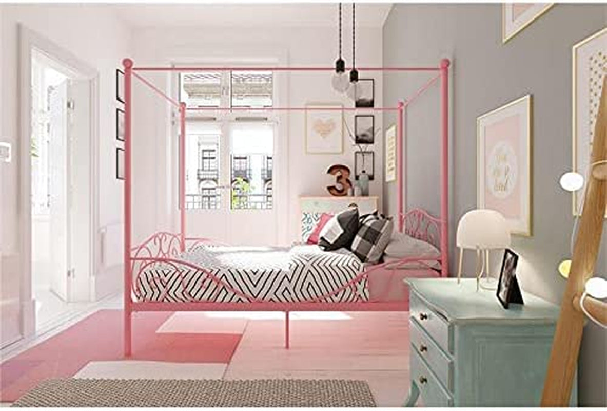 Metal Canopy Kids Platform Bed with Four Poster Design, Scrollwork Headboard and Footboard, Underbed Storage Space, No Box Sring Needed, Twin, Pink