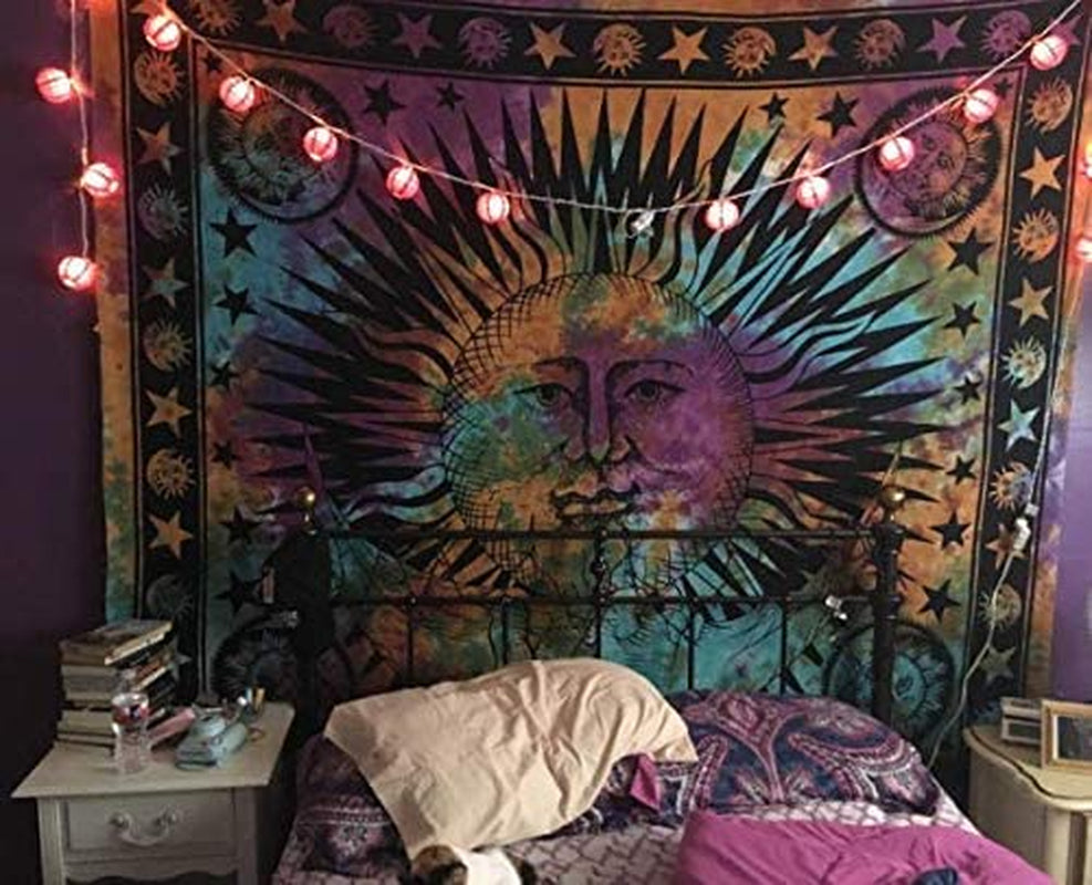 Sun Moon Hippie Tapestry Wall Hanging Aesthetic Indie Wall Tapestry, Hippie Bohemian Decorative Printed Trippy Tapestry for Bedroom Living Room Home Decor (Rainbow 55X82 Inch)