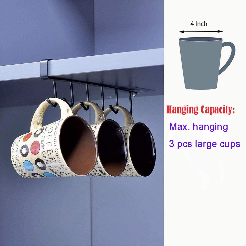 Alich 2Pcs Mug Hooks under Cabinet Mug Holder Rack,Nail Free Adhesive Coffee Cups Holder Hanger for Cups/Kitchen Utensils/Ties Belts/Scarf/Keys Storage, Fit for 0.8Inch Thickness Shelf or Less (BLA)