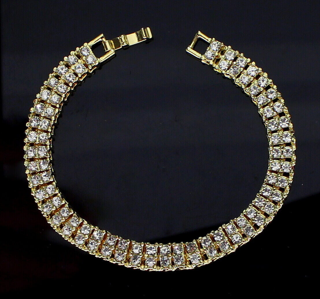 Mens Womens 2 Row Cz Tennis Bracelet 14K Gold Plated 8 Inch