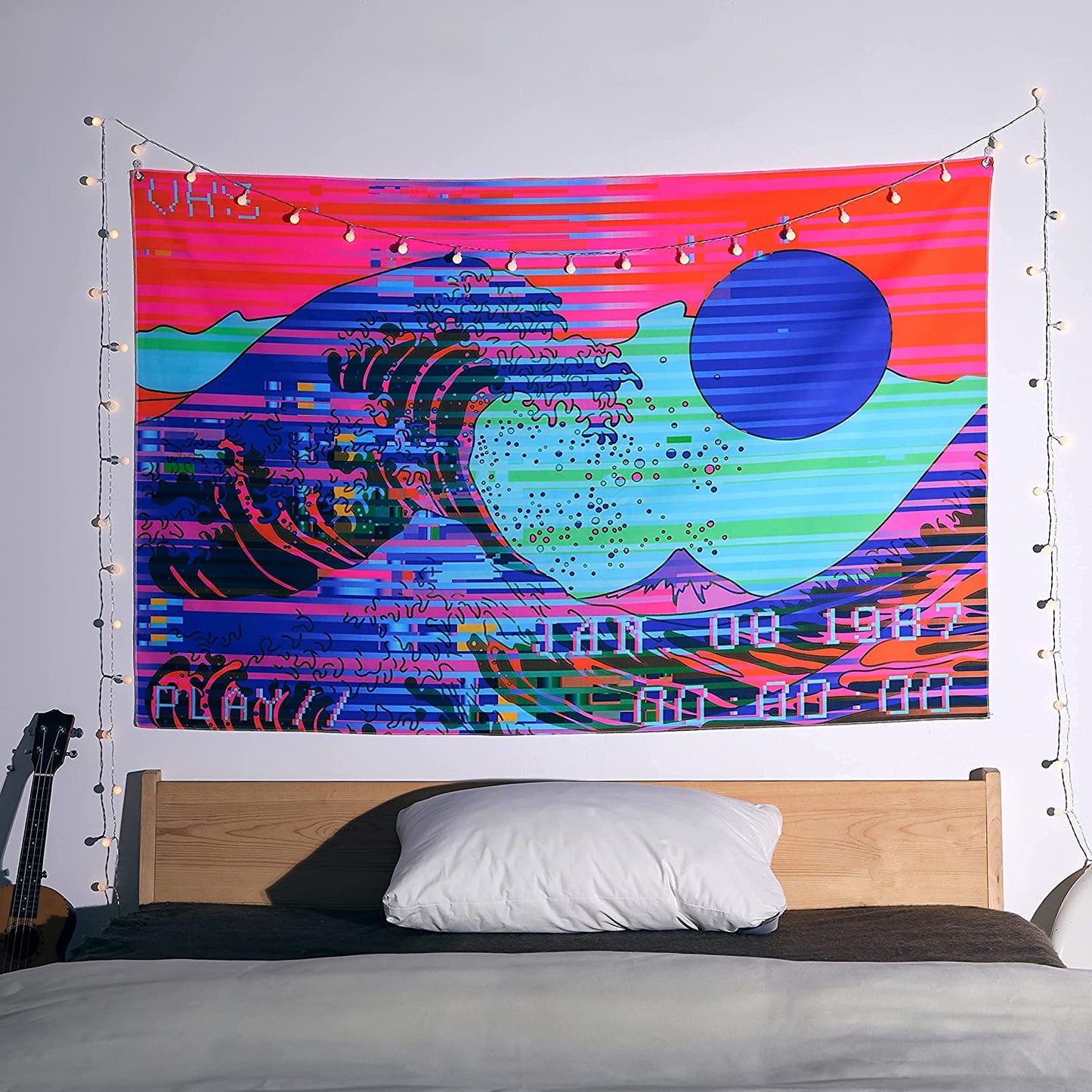 Blacklight Tapestry UV Reactive Trippy Neon the Great Wave Game Retro Vaporwave Tapestry Black Light Room Decor Glow in the Dark Tapestry for Bedroom Aesthetic Gaming Room Dorm Y2K Indie Room Décor