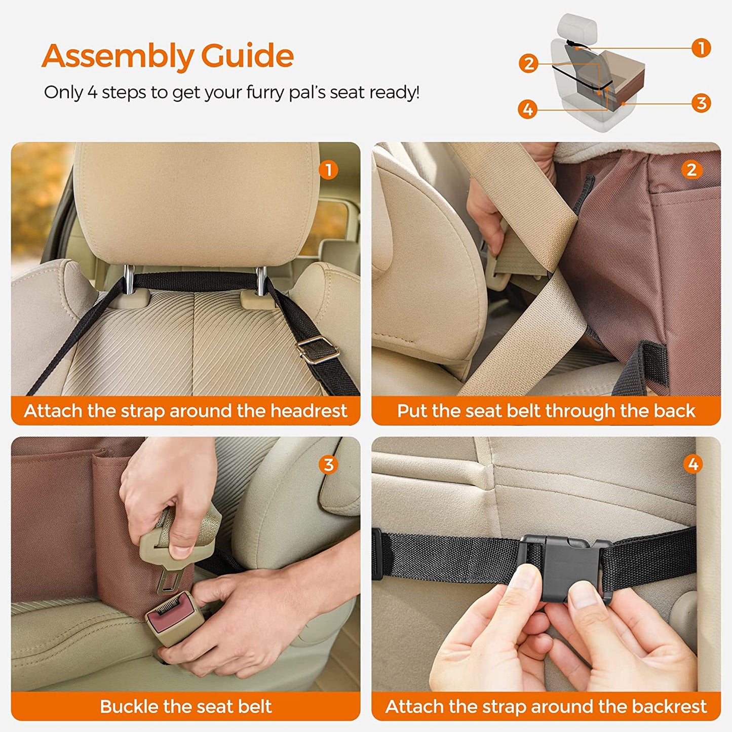 Dog Car Seat, Pet Booster Seat for Small Dogs up to 18 Lb, with Adjustable Straps, Removable Washable Fleece Liner, 4 Pockets, for Front Seats, Back Seats, Brown and Beige UPBS042K01