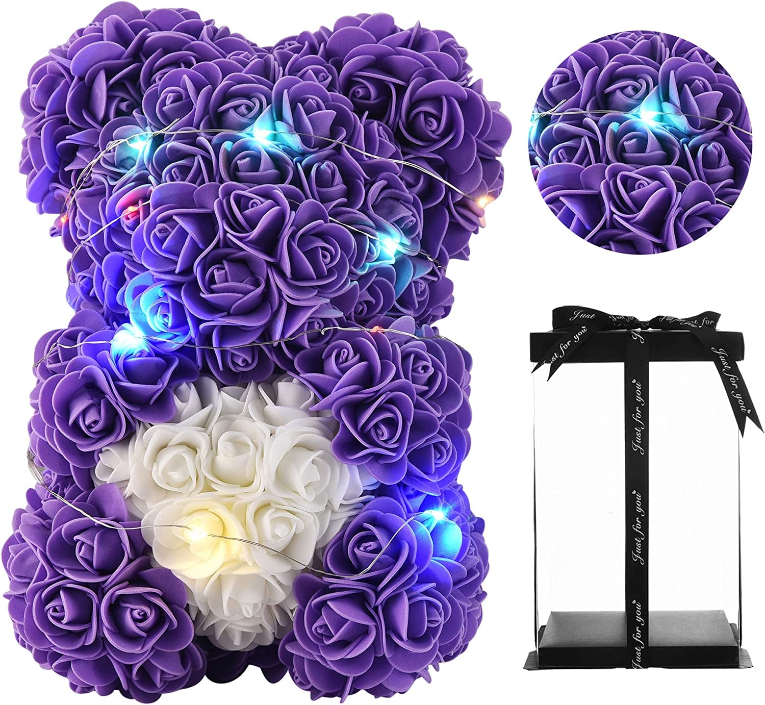 Gifts for Women,Rose Teddy Bear- over 300 Flowers on Every Rose Flower Bear,Rose Bear, Gifts for Mom, Birthday Gifts, Gifts for Girls - 10 Inch Clear Gift Box (Purple)