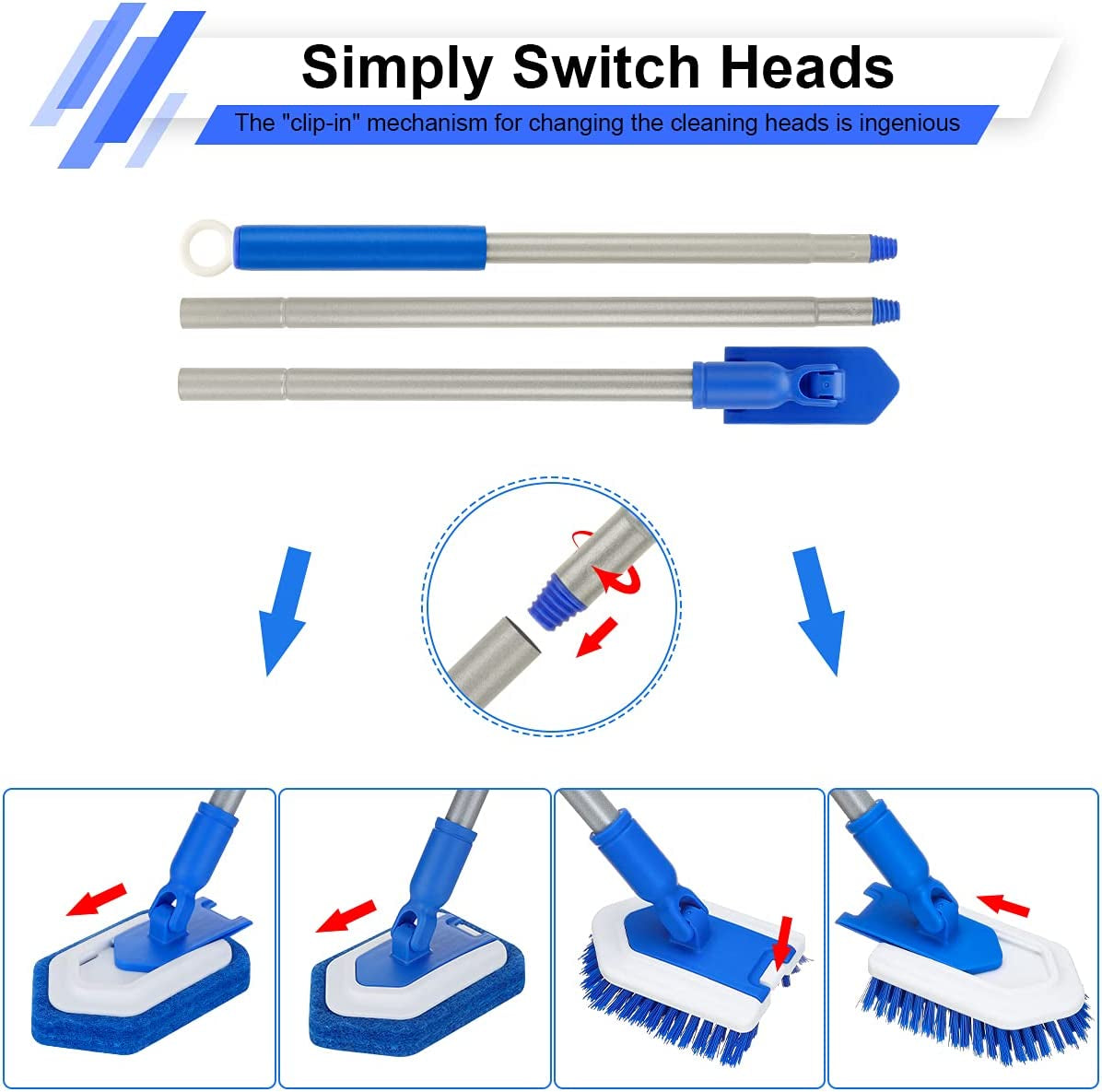 Shower Brush Scrubber with Long Extendable Handle 46'' -2In-1 Tub and Tile Cleaning Brush Interchangeable Scrub Brush Attachment for Cleaning Bathroom Shower Bathtub Floor