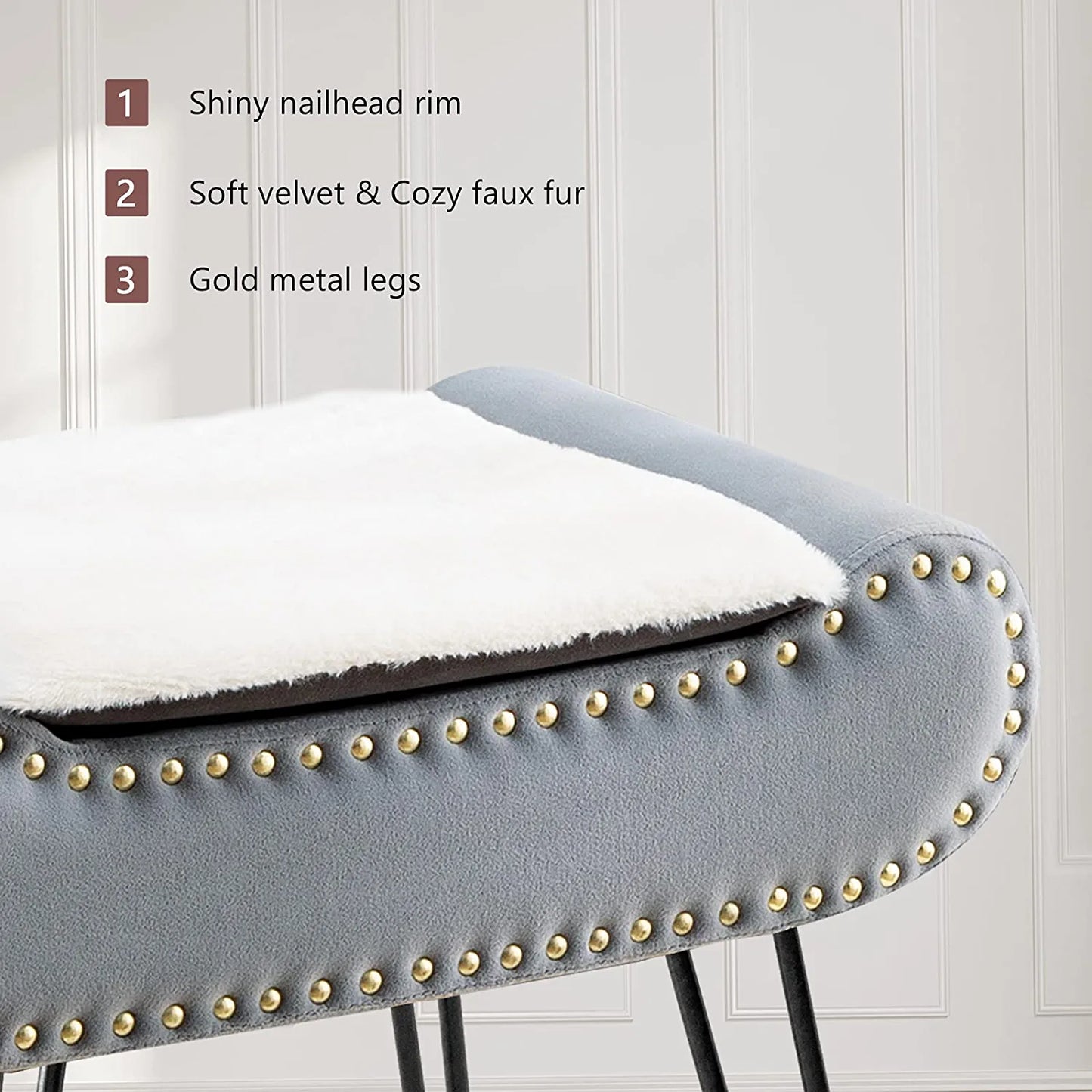 Velvet Upholstered Footrest Faux Fur Square Storage Ottoman, Coffee Table Makeup Stool with Plating Black Metal Legs for Living Room, Bedroom, Bathroom Large Vanity Benches Gray