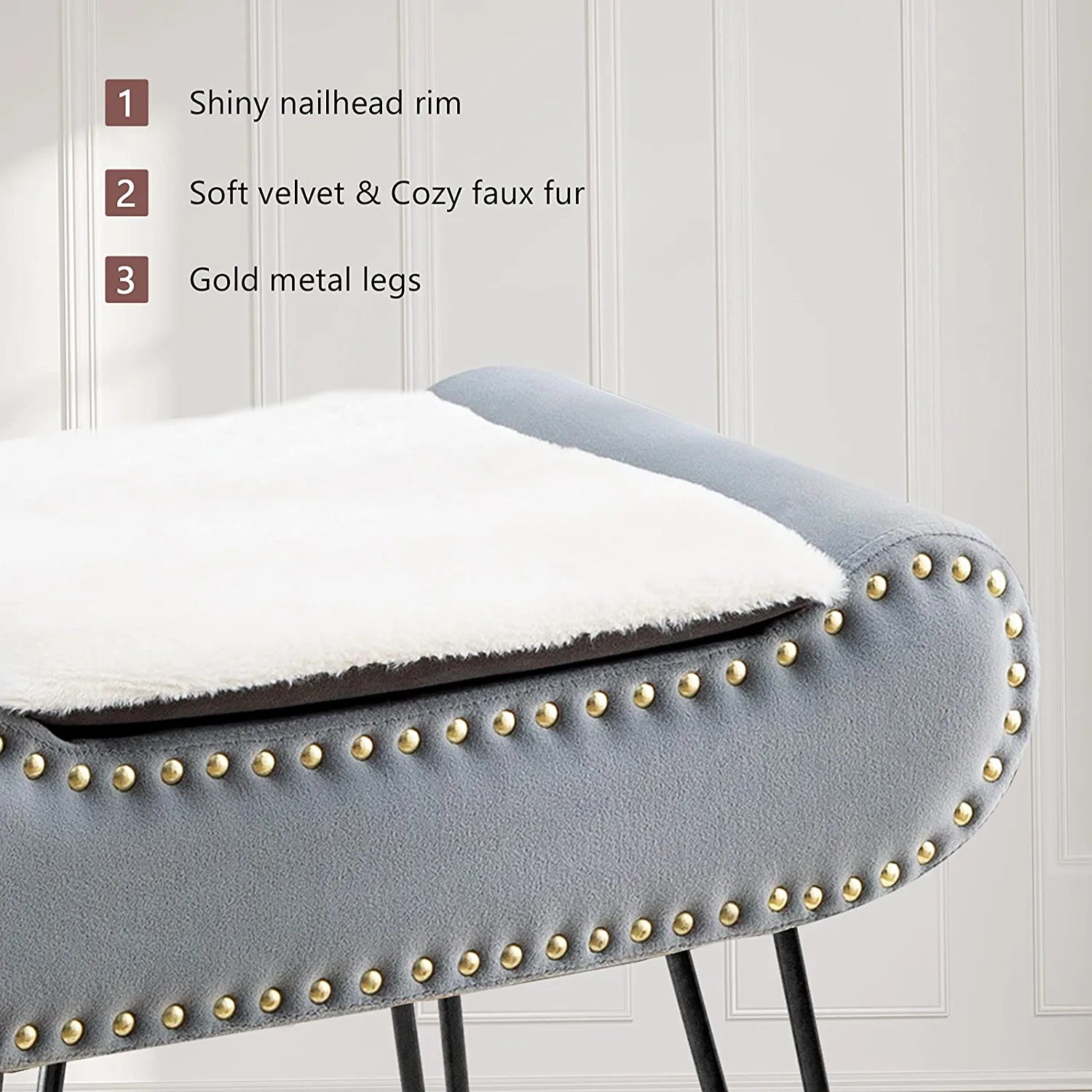 Velvet Upholstered Footrest Faux Fur Square Storage Ottoman, Coffee Table Makeup Stool with Plating Black Metal Legs for Living Room, Bedroom, Bathroom Large Vanity Benches Gray