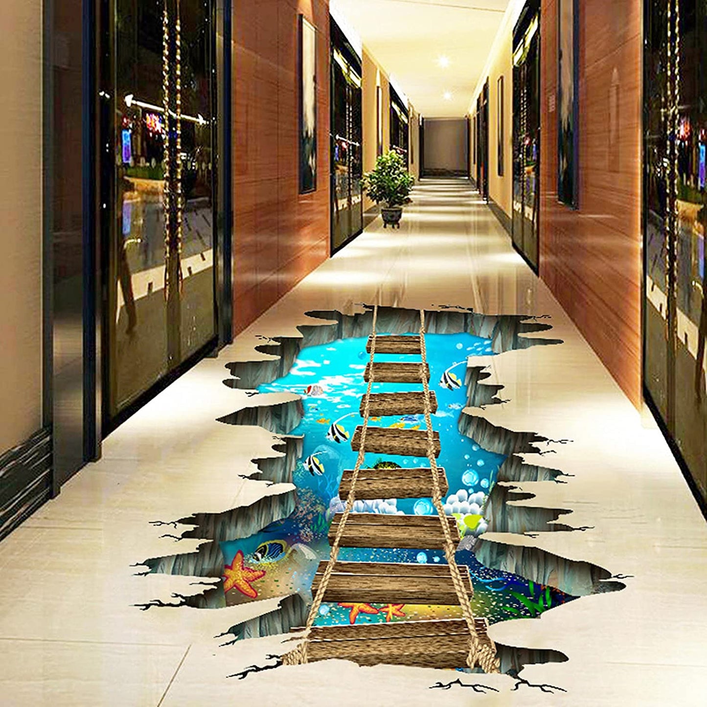 HUANLE Self-Adhesive Floor Stickers Home Room Decor 3D Volcano Lava Rope Bridge