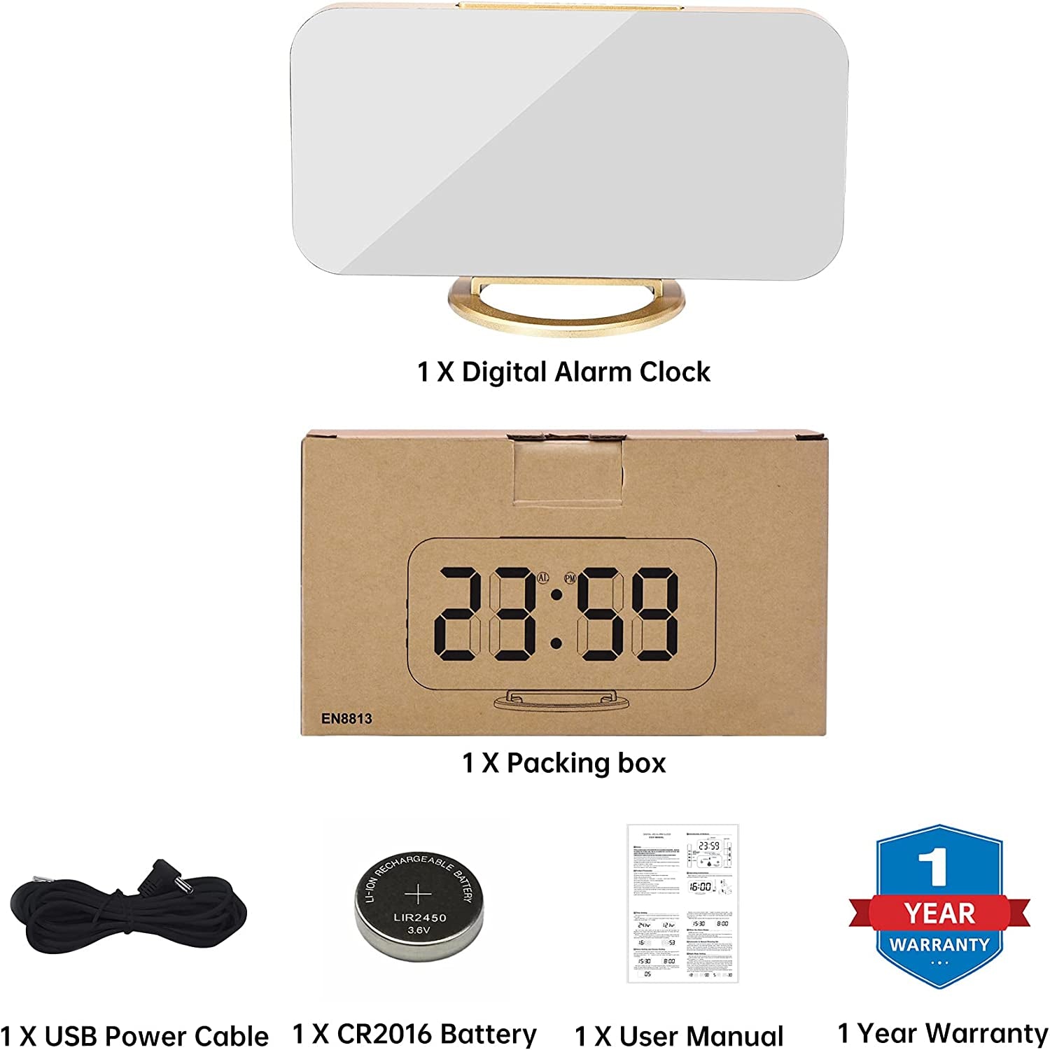 Digital Alarm Clock,7 in LED Mirrored Clocks Large Display,With 2 USB Charger Ports,Auto Dim,Night Mode,Modern Desktop Electronic Clocks for Bedroom Home Office Decor - Gold