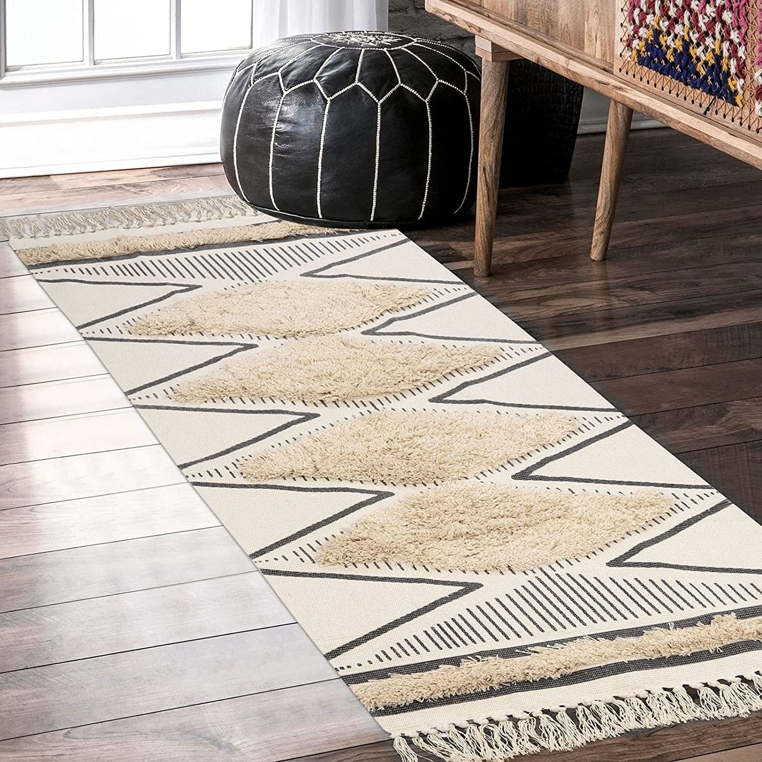 Kitchen Runner Rug 2' X 5', Washable Tufted Cotton Hallway Rugs with Tassels Farmhouse Woven Tribal Geometric Shag Throw Boho Area Rug for Laundry Room/Entryway/Bedroom