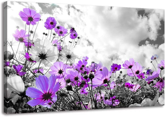 Canvas Wall a Rt Modern Purple Flowers Canvas Art Wall Decor Black and White Framed Galsang Floral Prints and Posters Wall Hanging Decorations Ready to Hang for Bedroom Bathroom