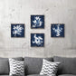 White Botanical Wall Canvas Art: Artistic Plant Picture Dark Blue Background Painting for Bathroom (12 X 12 X 4 Panels)