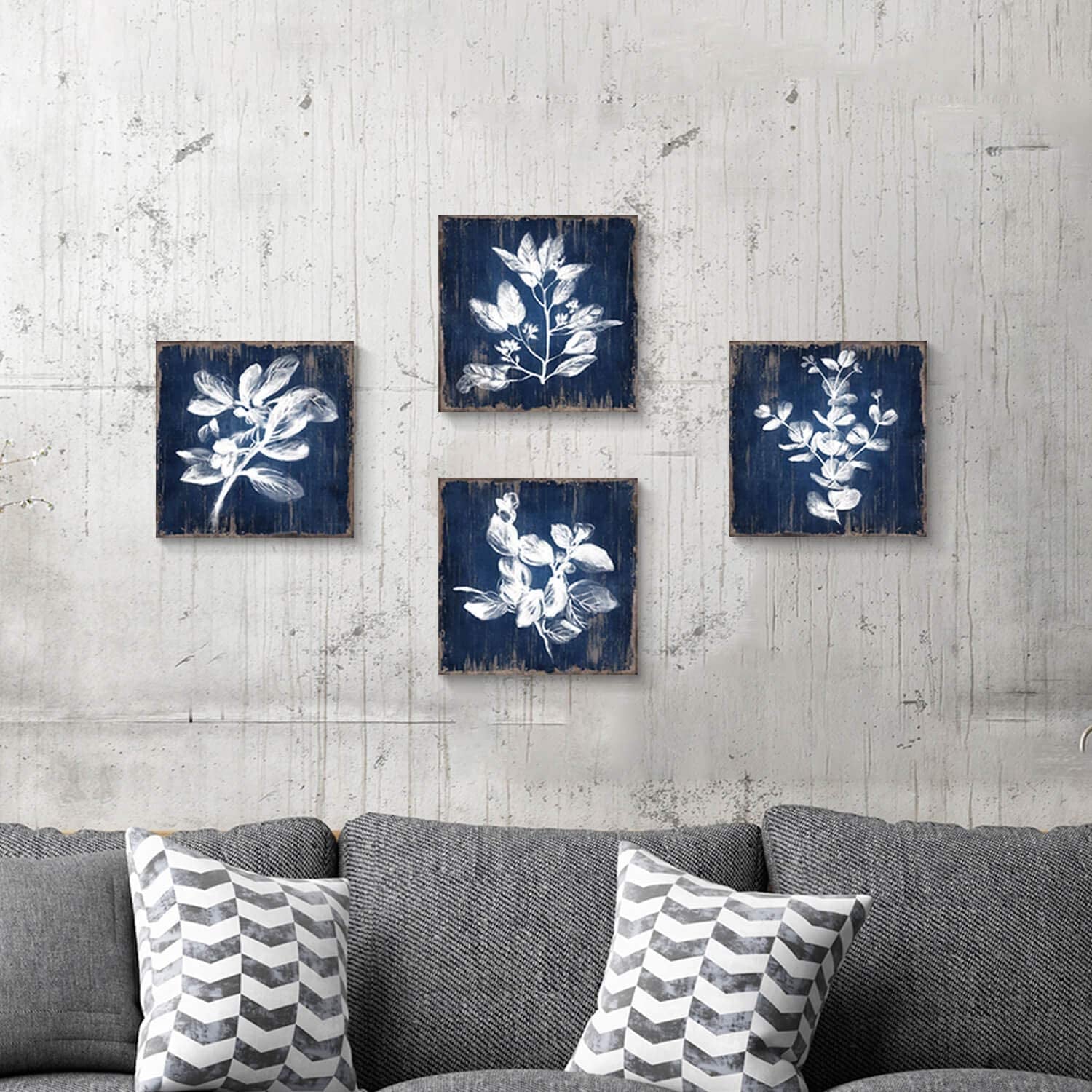 White Botanical Wall Canvas Art: Artistic Plant Picture Dark Blue Background Painting for Bathroom (12 X 12 X 4 Panels)