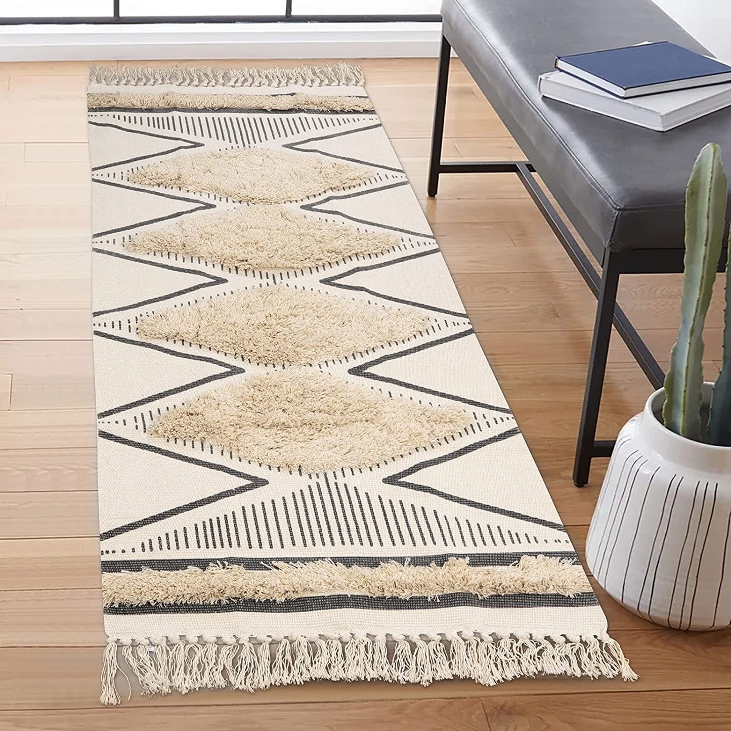 Kitchen Runner Rug 2' X 5', Washable Tufted Cotton Hallway Rugs with Tassels Farmhouse Woven Tribal Geometric Shag Throw Boho Area Rug for Laundry Room/Entryway/Bedroom