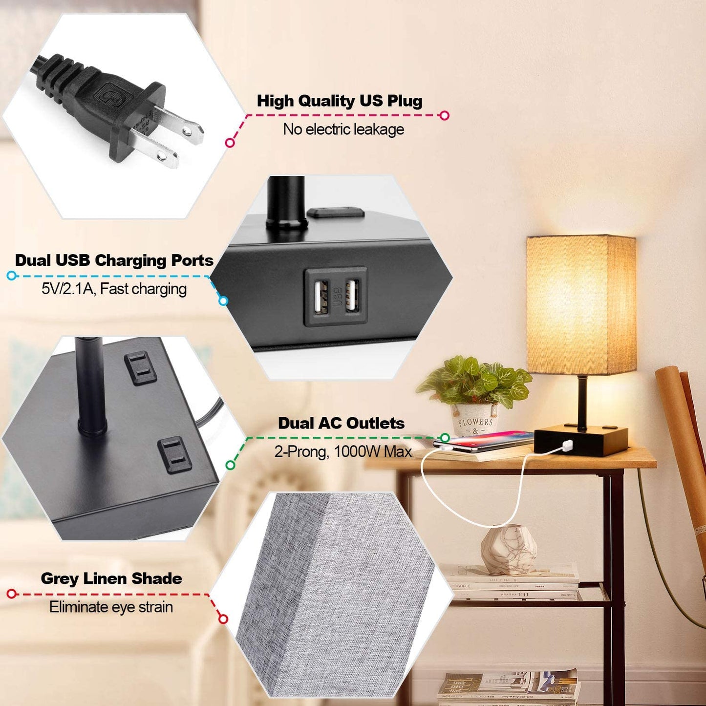 Touch Control Table Lamp, 3 Way Dimmable Bedside Desk Lamps with 2 USB Charging Ports 2 AC Outlets,Grey Fabric Shade Modern Nightlight for Bedroom, ST64 LED Bulbs Included,Set of 2