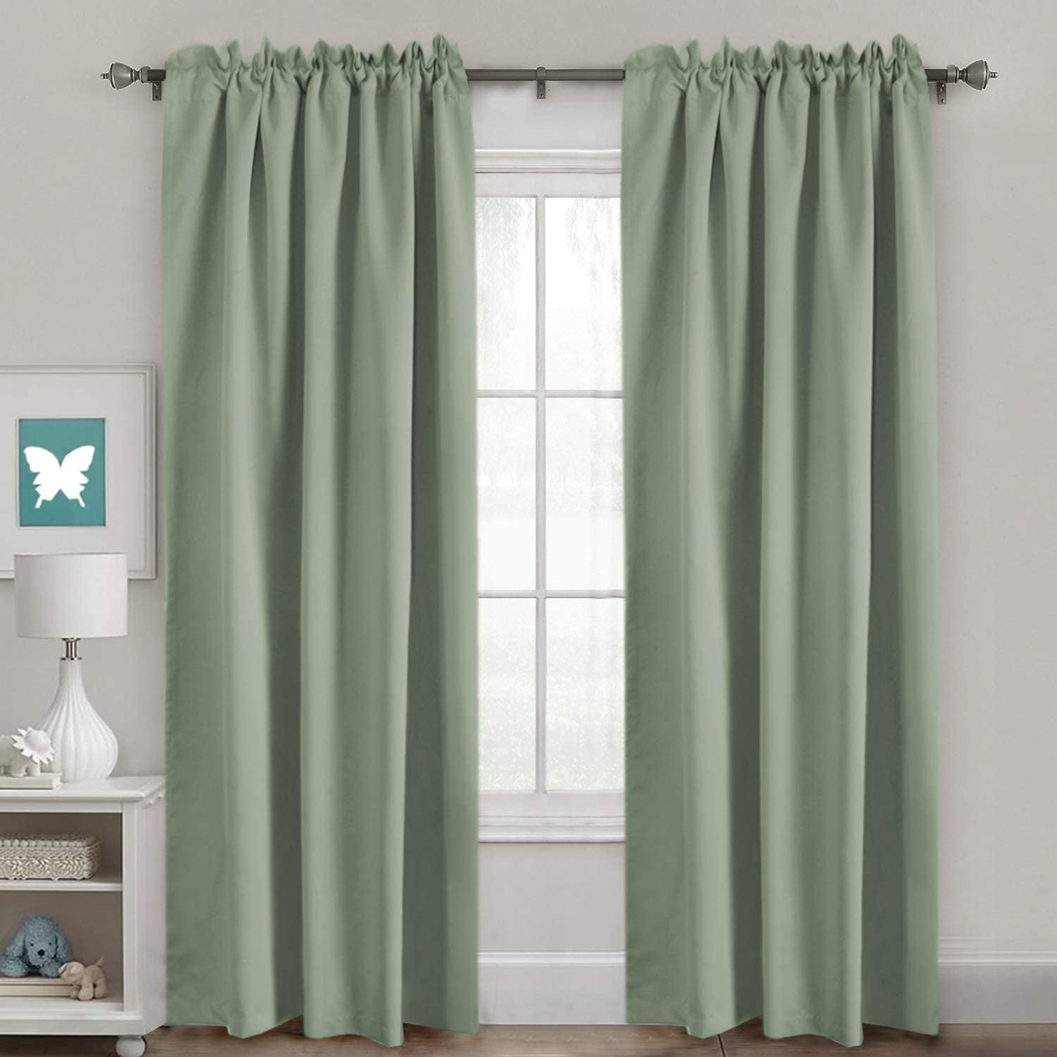 Blackout Curtains Thermal Insulated Window Treatment Panels Room Darkening Blackout Drapes for Living Room Back Tab/Rod Pocket Bedroom Draperies, 52 X 84 Inch, Light Sage, 2 Panels