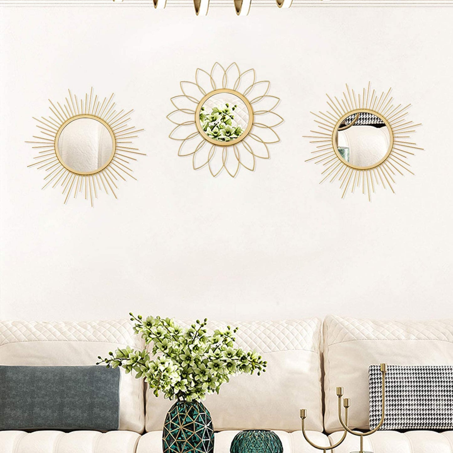 3 Pack Gold Mirrors for Wall Metal Sunburst Wall Mirrors Home Décor Decorative Hanging Wall Art for Living Room Bedroom Entryway