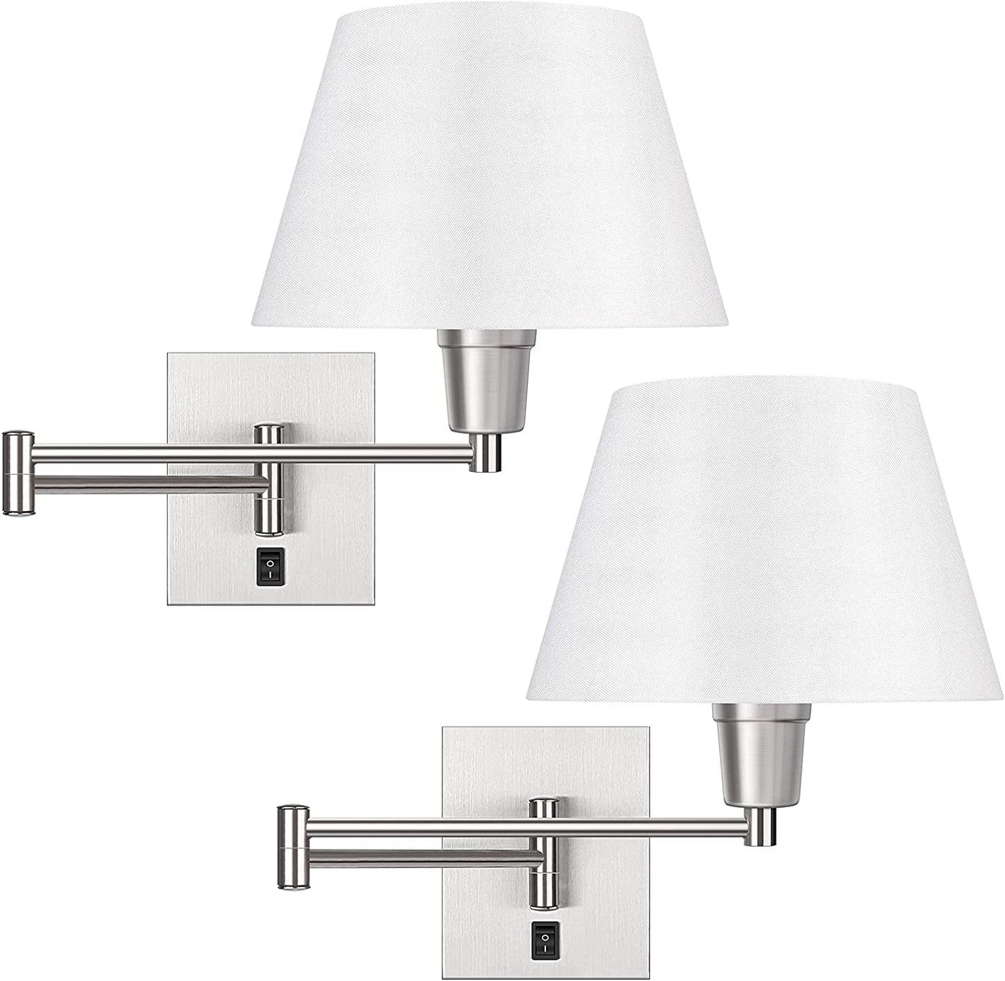 Swing Arm Wall Sconces Set of 2, Indoor Plug in Wall Lamp with White Fabric Shade Hardwired Wall Light Fixture with E26 Base Decor for Bedroom Living Room Porch Hallway Office