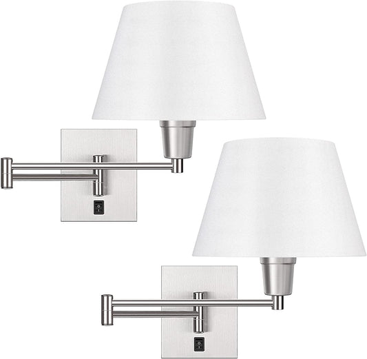 Swing Arm Wall Sconces Set of 2, Indoor Plug in Wall Lamp with White Fabric Shade Hardwired Wall Light Fixture with E26 Base Decor for Bedroom Living Room Porch Hallway Office