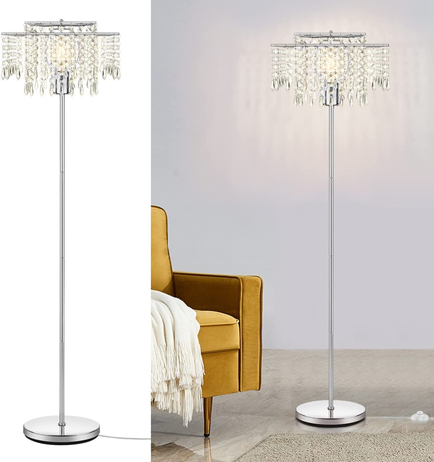 Double-Layer Lampshade Crystal Floor Lamp for Bedroom Modern Floor Lamp for Living Room,Elegant Standing Lamp,61.57" Tall Pole Lamp,Suitable for Bedroom,Living Room,Office,6W LED Bulb Included,Silver