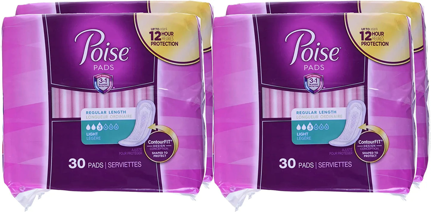 Poise Incontinence Pads, Light Absorbency, Regular Length, 120 Count (4 Packs of 30), Packaging May Vary