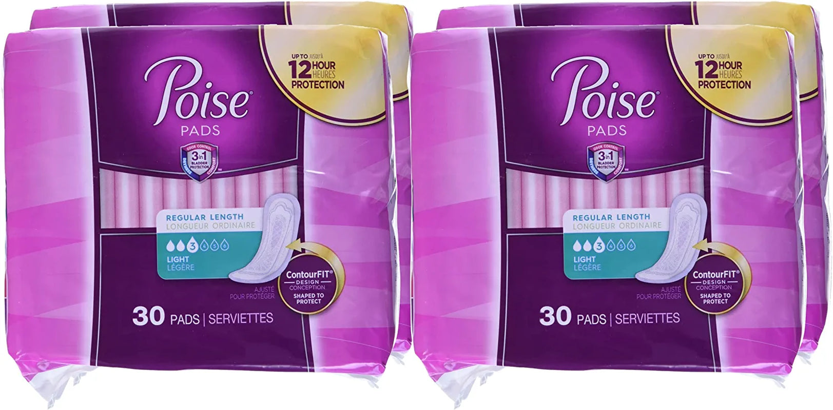Poise Incontinence Pads, Light Absorbency, Regular Length, 120 Count (4 Packs of 30), Packaging May Vary