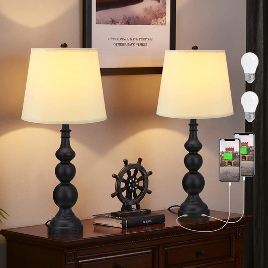 USB Table Lamp Set of 2 - Room Lamps with USB Charging Ports, Industrial Farmhouse Nightstand Lamp with Fabric Lampshade, Bedside Lamp Sets with Rotary Switch for Living Room Bedroom(Bulbs Included)