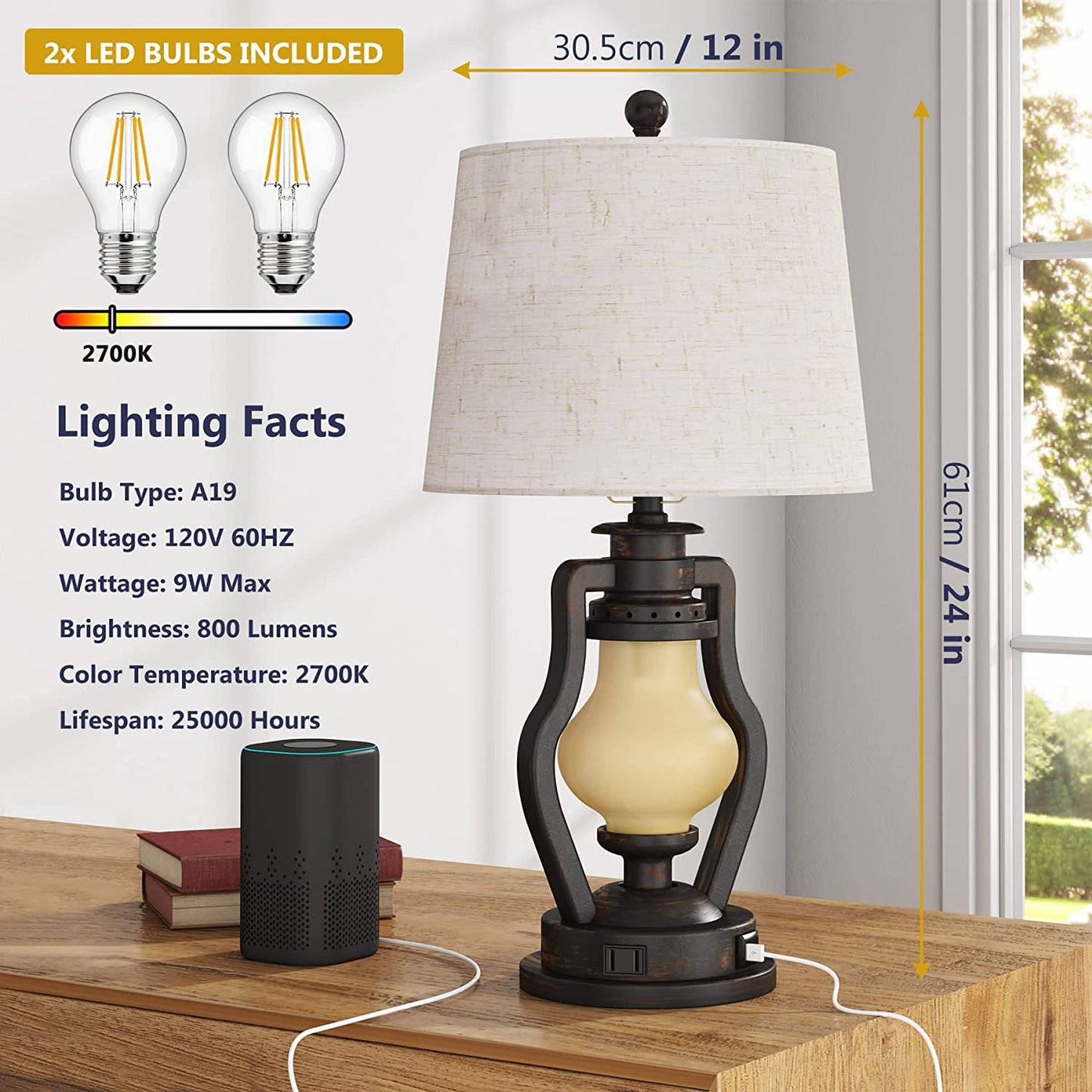 Farmhouse Table Lamps Set of 2 with Nightlight, Lantern Bedside Lamp with 2 USB Port and Outlet, 24 Inch Rustic Nightstand Lamp with Tapered Drum Shade for Living Room Bedroom, Bulbs Included