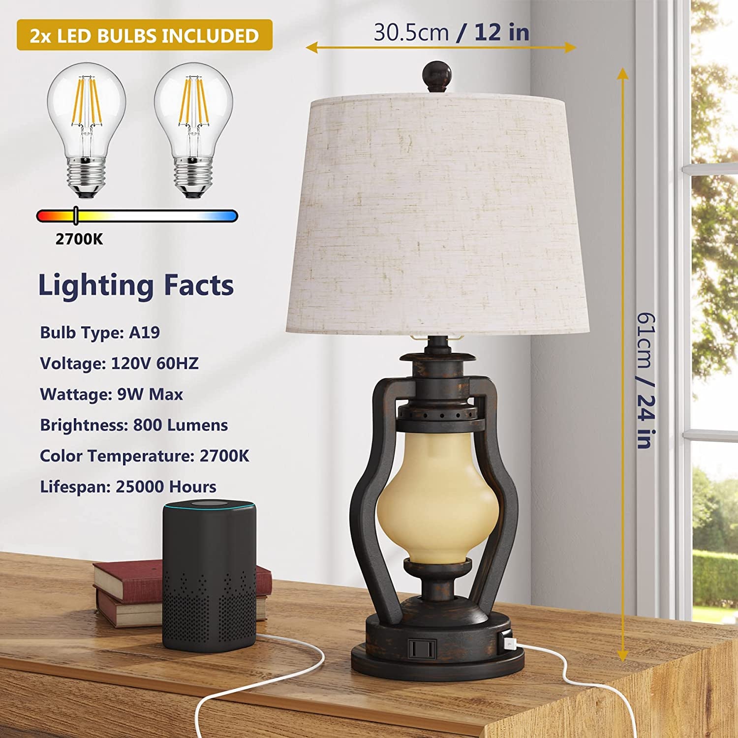 Farmhouse Table Lamps Set of 2 with Nightlight, Lantern Bedside Lamp with 2 USB Port and Outlet, 24 Inch Rustic Nightstand Lamp with Tapered Drum Shade for Living Room Bedroom, Bulbs Included