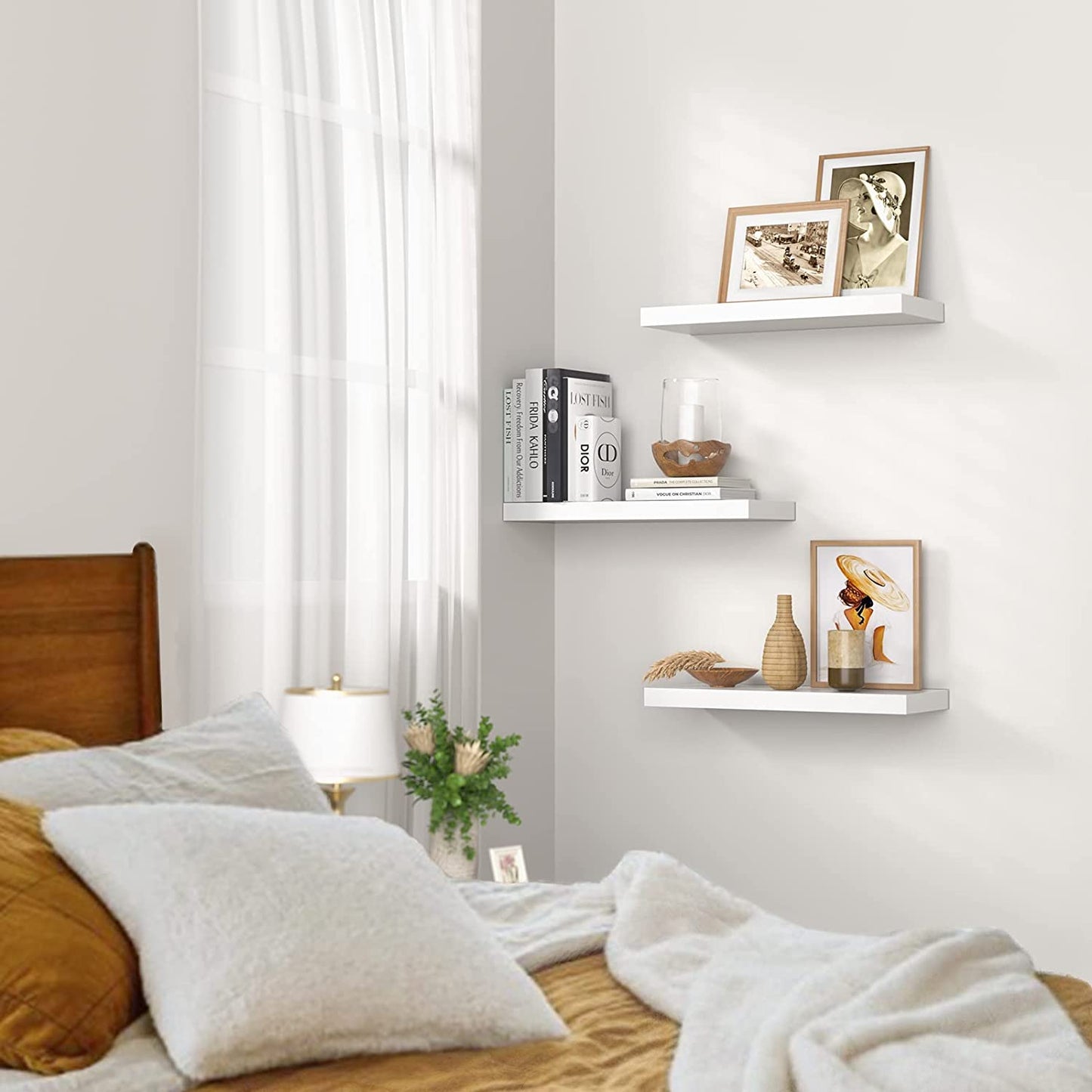 Floating Shelves, Wall Shelves for Bathroom/Living Room/Bedroom/Kitchen Decor, White Shelves with Invisible Brackets Set of 3 - AMFS08