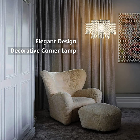 Double-Layer Lampshade Crystal Floor Lamp for Bedroom Modern Floor Lamp for Living Room,Elegant Standing Lamp,61.57" Tall Pole Lamp,Suitable for Bedroom,Living Room,Office,6W LED Bulb Included,Silver