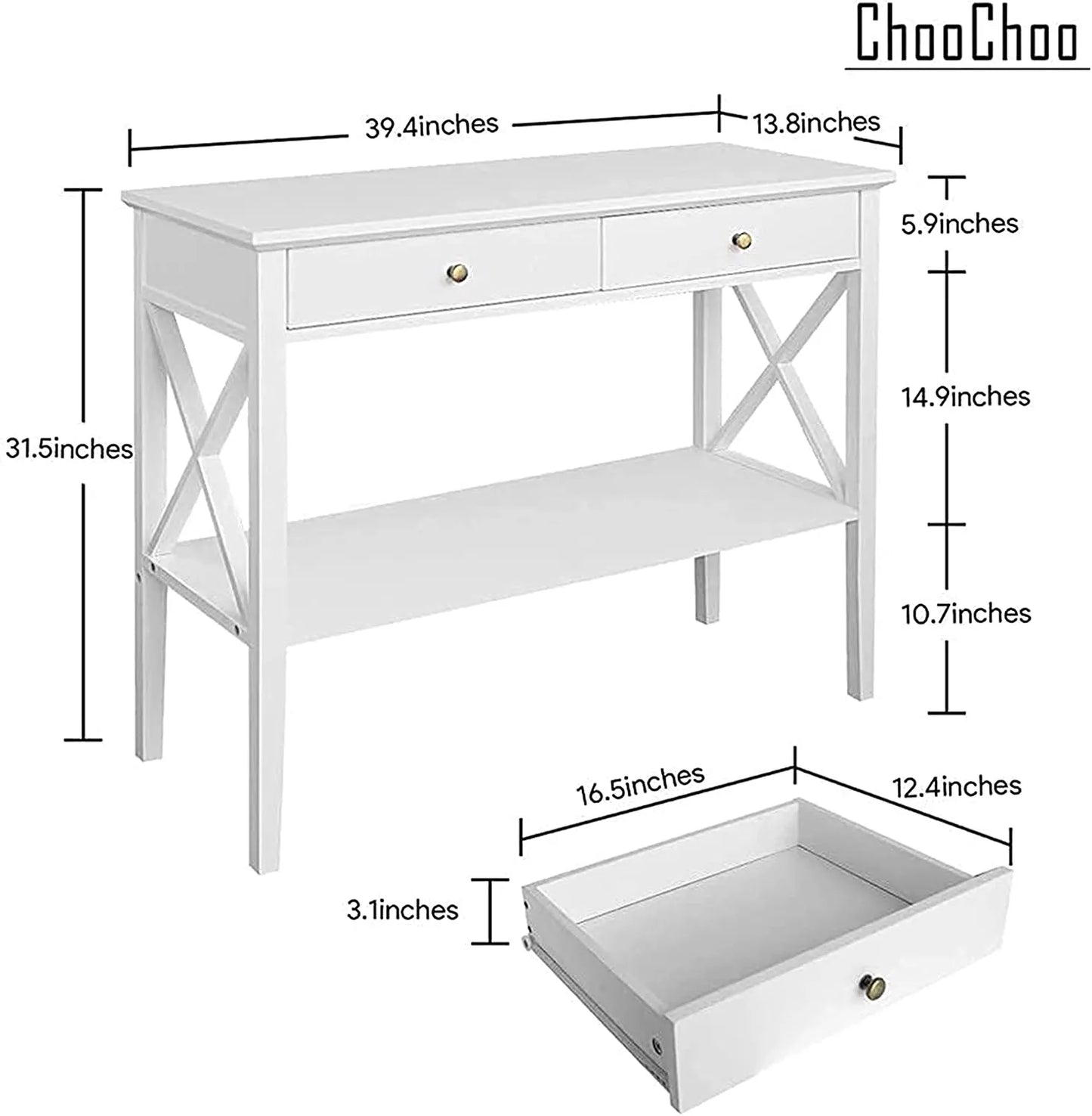 Oxford Console Table with 2 Drawers, Sofa Table Narrow for Entryway, White