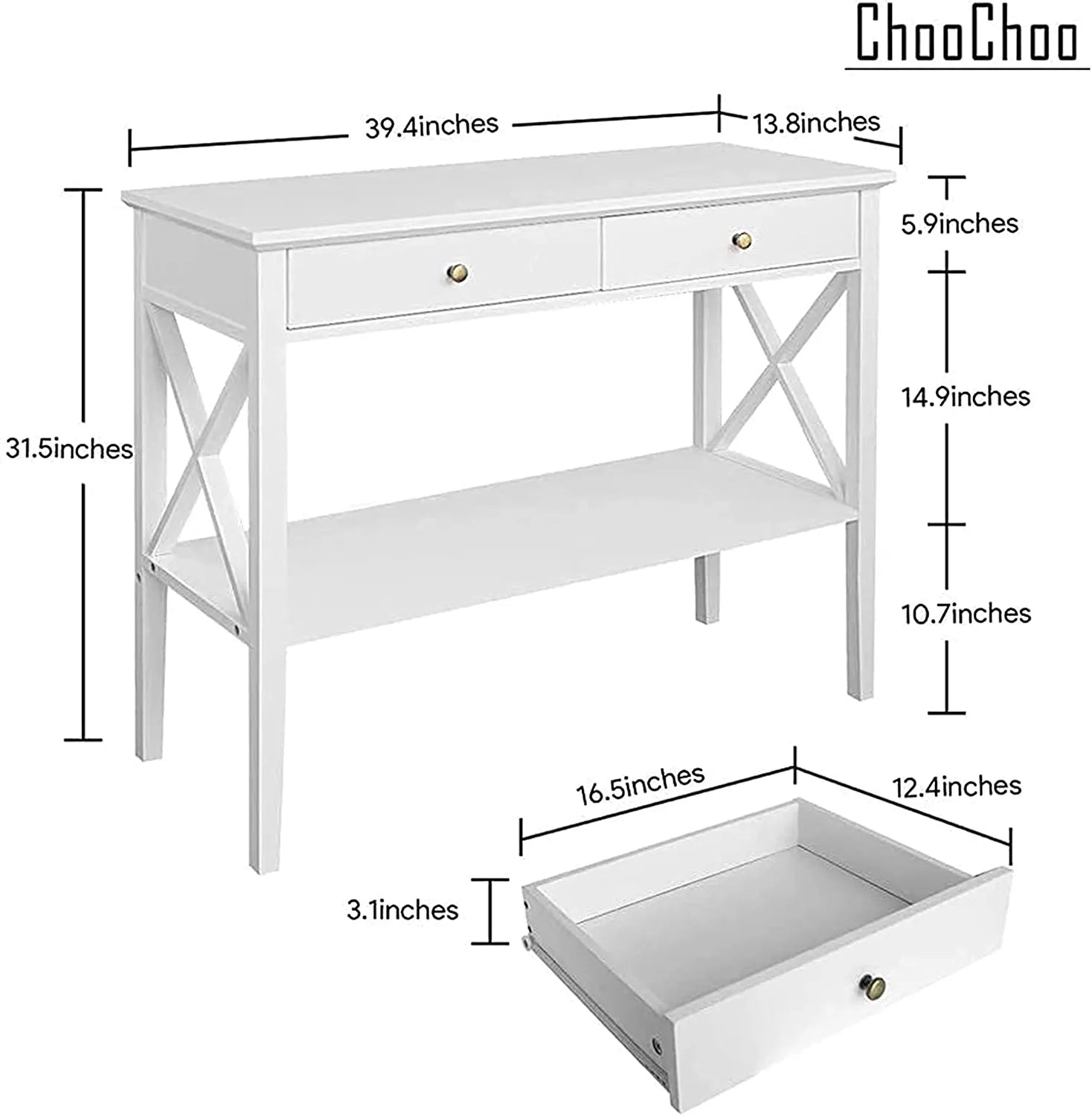 Oxford Console Table with 2 Drawers, Sofa Table Narrow for Entryway, White