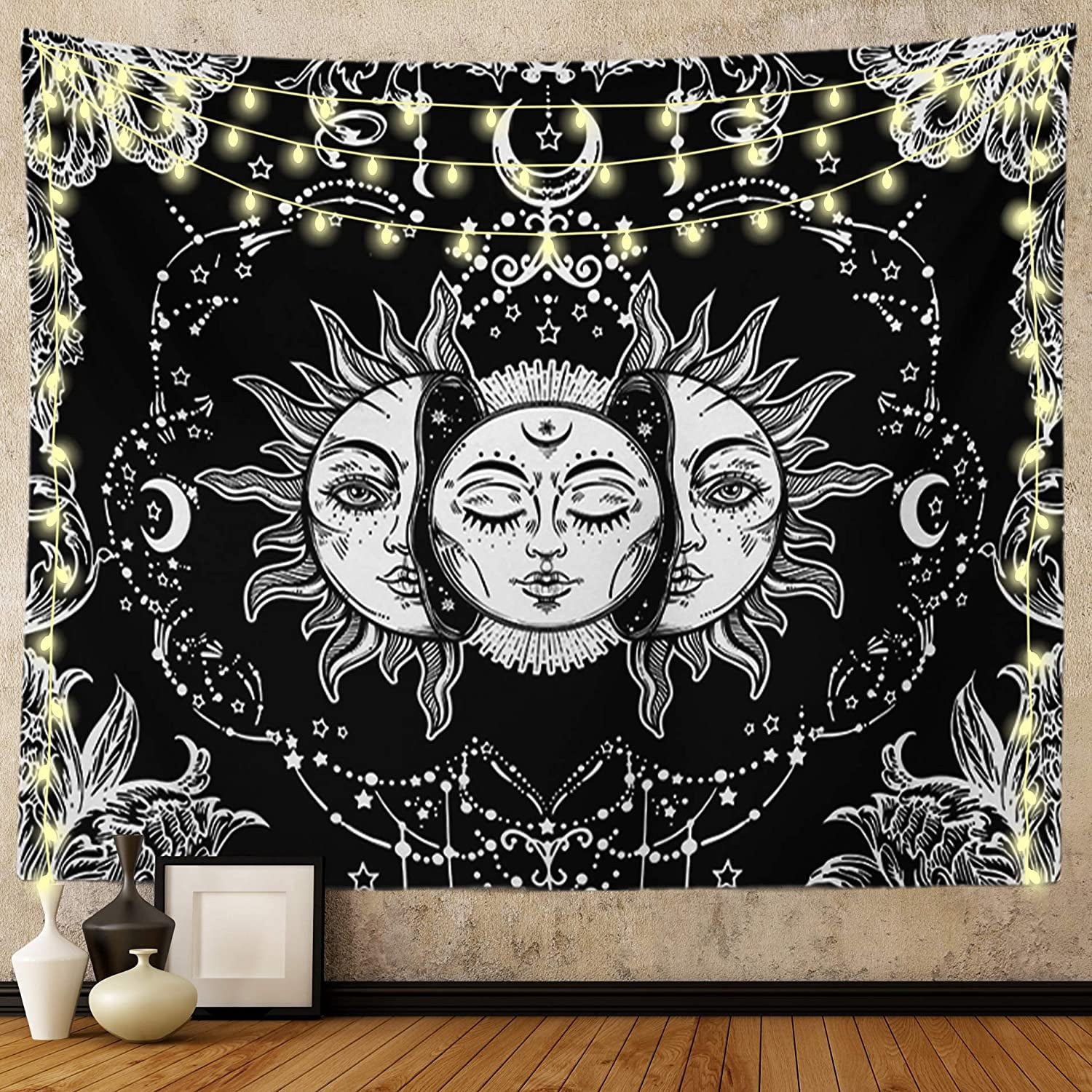 Sun and Moon Tapestry, Black and White Tapestries Mystic Burning Sun with Star Wall Hanging Decor for Bedroom (59" W X 51" L)