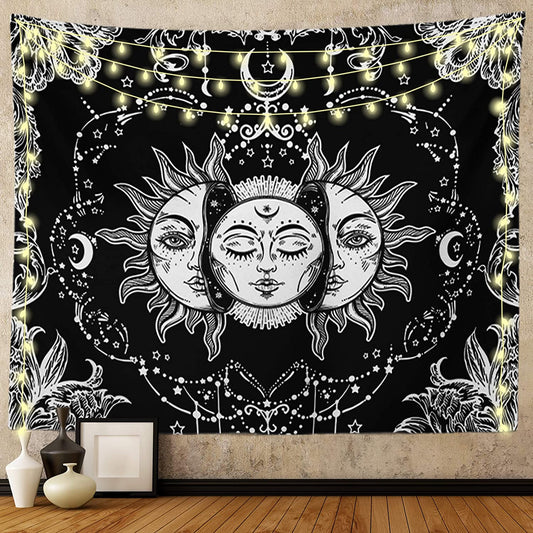 Sun and Moon Tapestry, Black and White Tapestries Mystic Burning Sun with Star Wall Hanging Decor for Bedroom (59" W X 51" L)