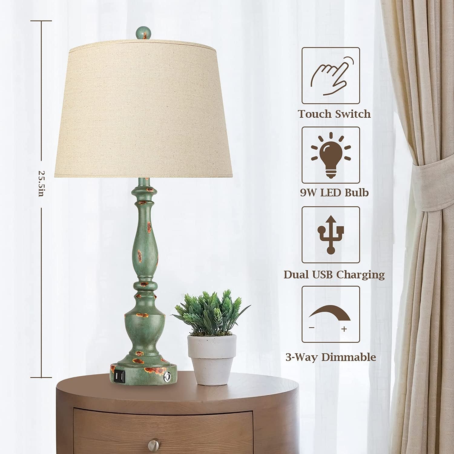 Farmhouse Lamp for Living Room Set of 2 Rustic Table Lamps 3 Way Dimmable Bedside Nightstand Lamp for Bedroom with 2 USB Port and One Outlet,Bulb Included