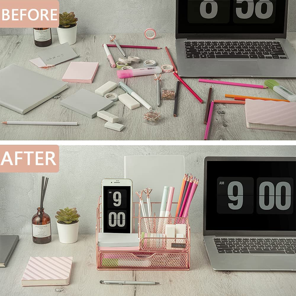 Desk Organizers and Accessories - Upgraded Desktop Organizer for Woman, Features 6 Compartments + 1 Large Sliding Drawer (Rose Gold)